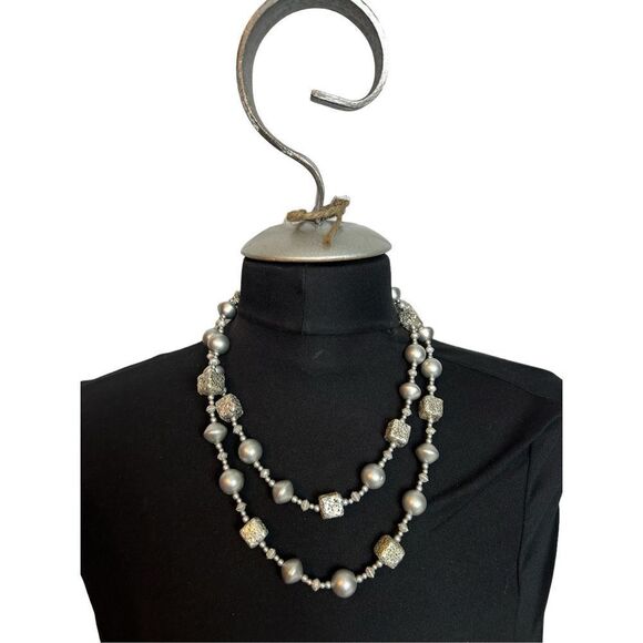Silver shimmer round and square beaded double layered necklace - Picture 1 of 6